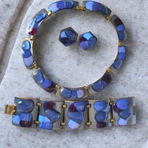 Mid Century Mod Kay Denning Enamel Copper Jewelry Necklace Bracelet Earrings Set